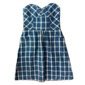 Built By Wendy Sweetheart Strapless Blue & White Striped Pocket Dress Sm Plaid